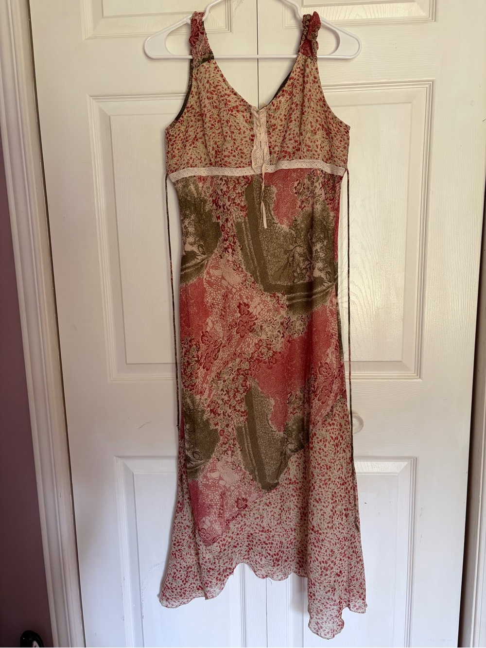 Floral Lace-Trim Slip Dress in Coral and Olive